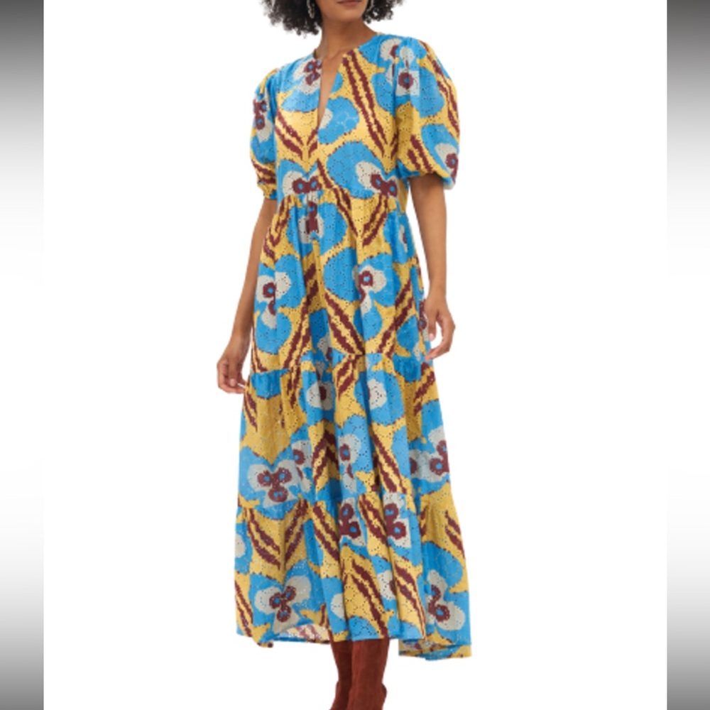 Oliphant Puff Sleeve Maxi, Mustard Patola Boho Yellow Blue Tiered